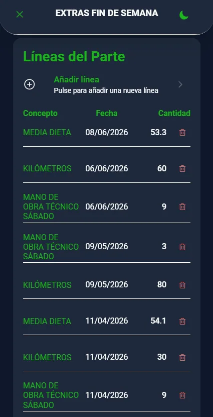 Líneas de un parte de trabajo en la app móvil de ATEKA Cronos