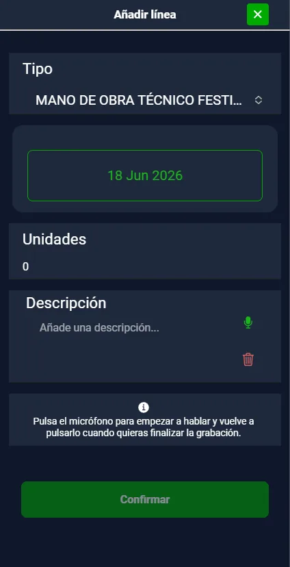 Pantalla para añadir una línea al parte en la app móvil de ATEKA Cronos