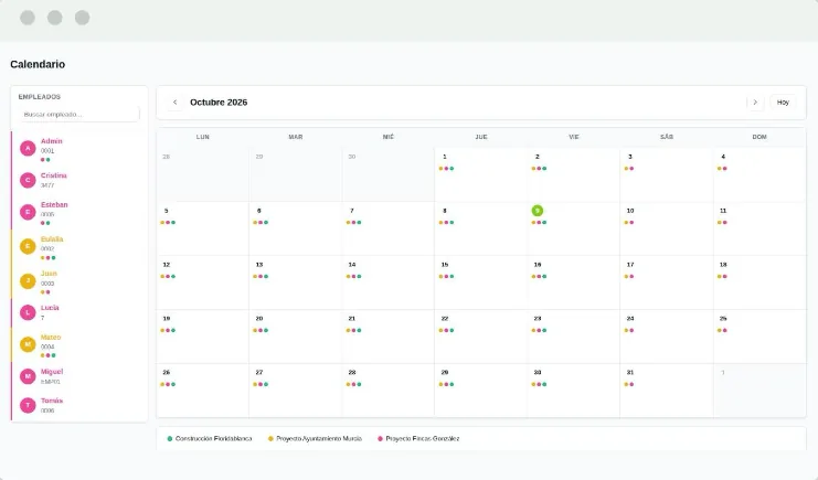Calendario del equipo en ATEKA Cronos con un color por proyecto