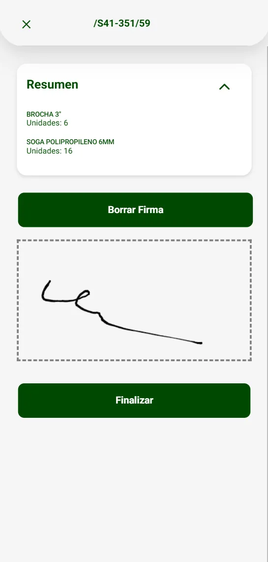 Firma del cliente en pantalla en la app de ATEKA Delivery