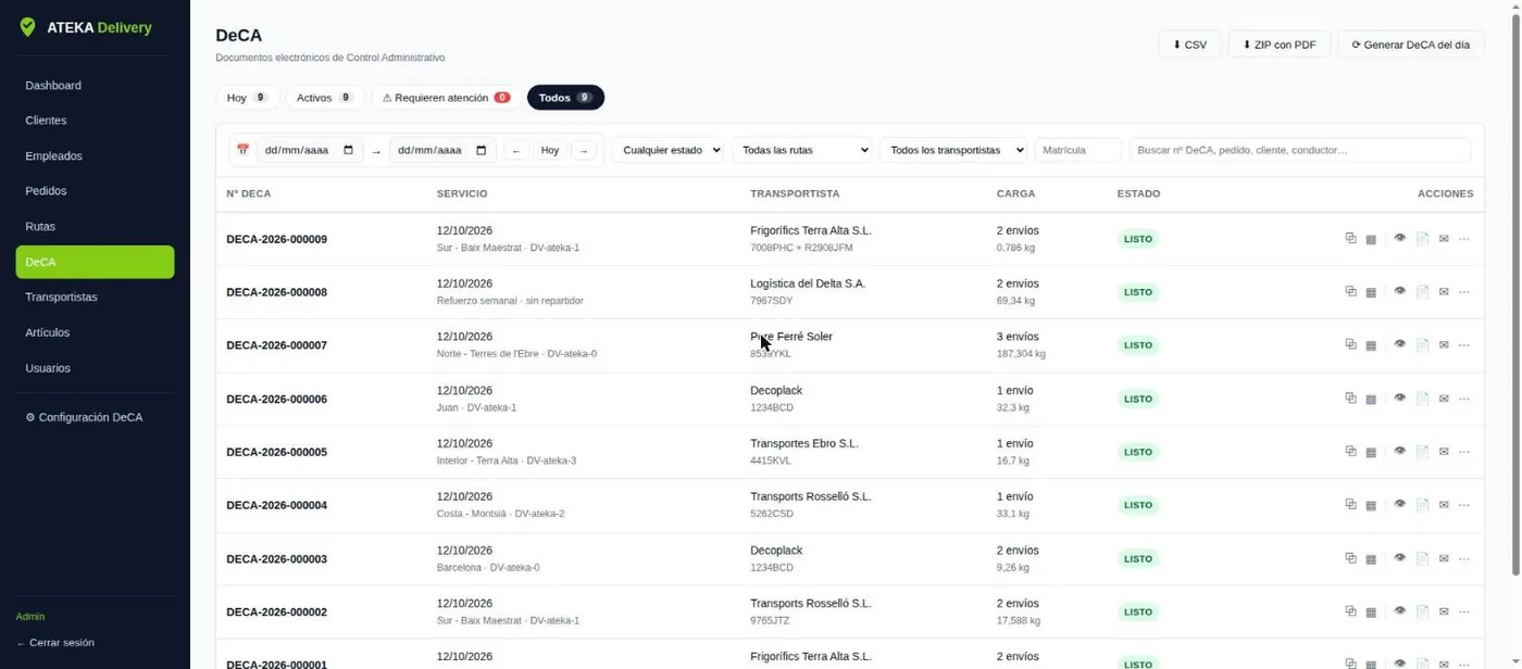 Listado de DeCA en ATEKA Delivery con número, servicio, transportista, carga y estado