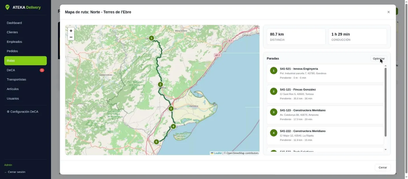 Mapa de una ruta optimizada en ATEKA Delivery con distancia y tiempo