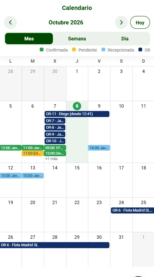 Calendario de citas en la app de ATEKA MOVA