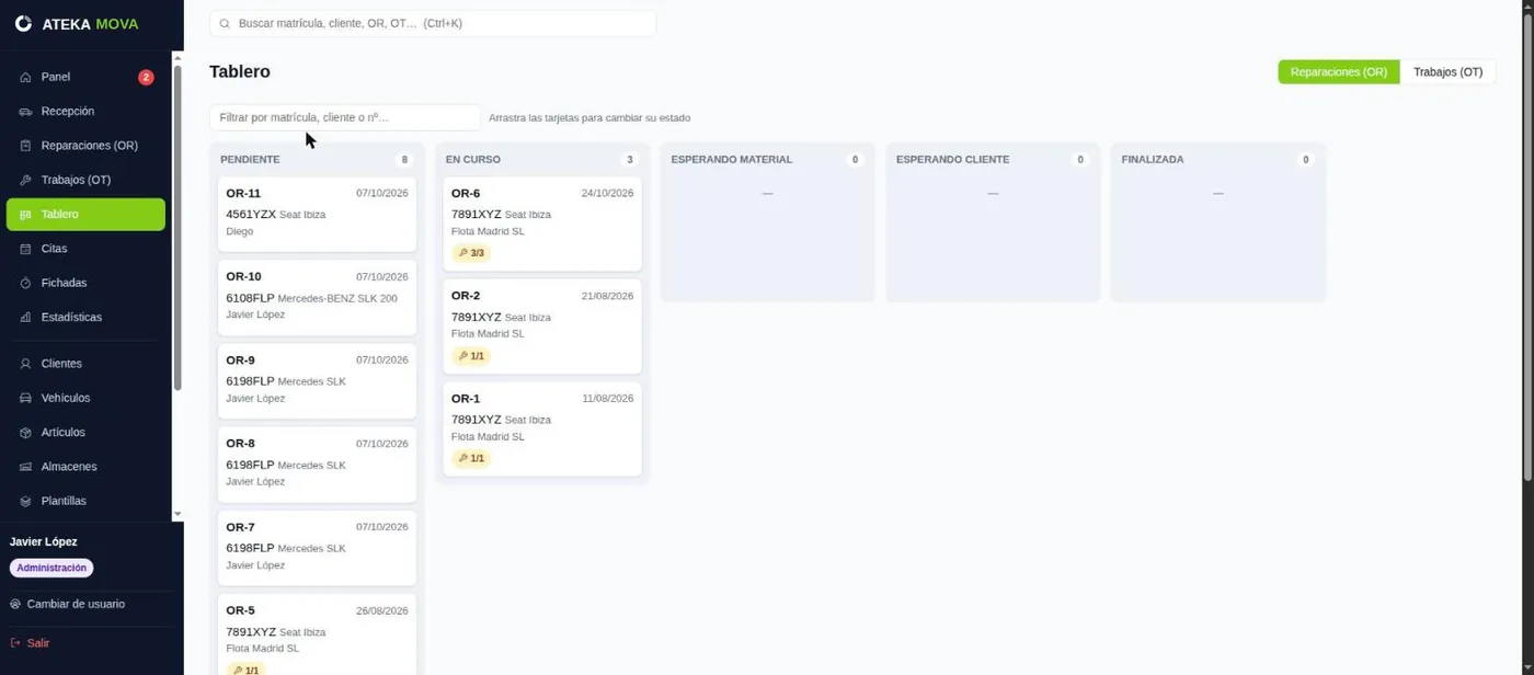 Tablero kanban de reparaciones de ATEKA MOVA