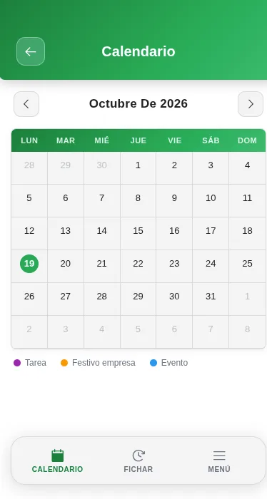 Calendario en la app Times con festivos y tareas