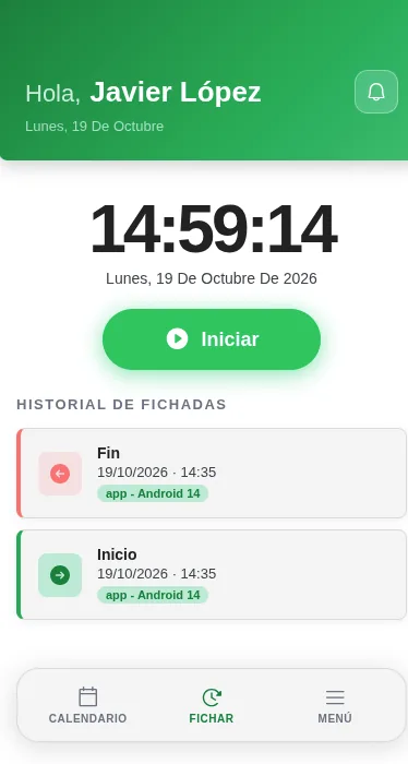 App Times de Time Monitor con el reloj y el botón de iniciar jornada