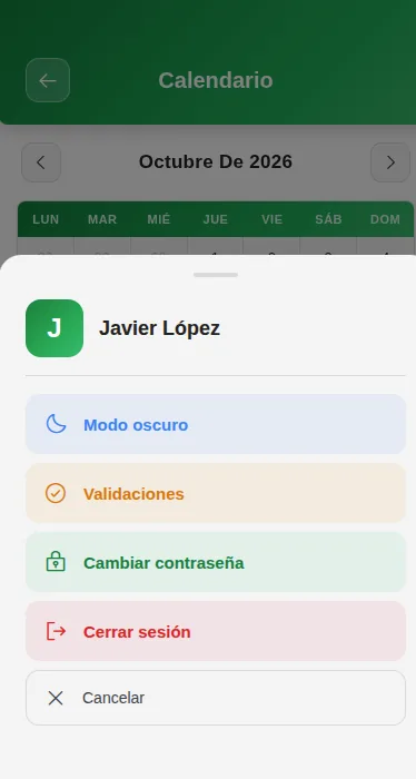 Menú de la app Times con modo oscuro y validaciones
