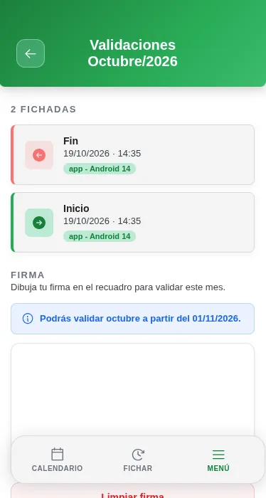 Validación mensual con firma en pantalla en la app Times