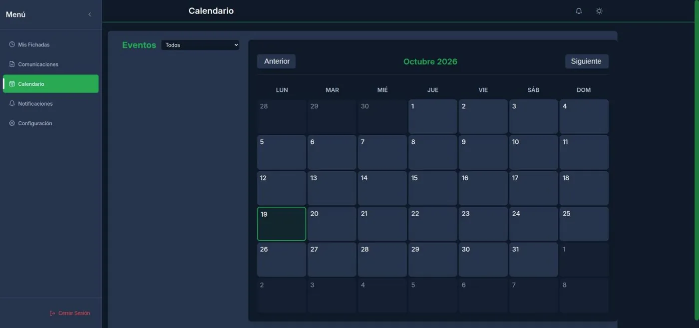Calendario mensual de Time Monitor con festivos, tareas y eventos