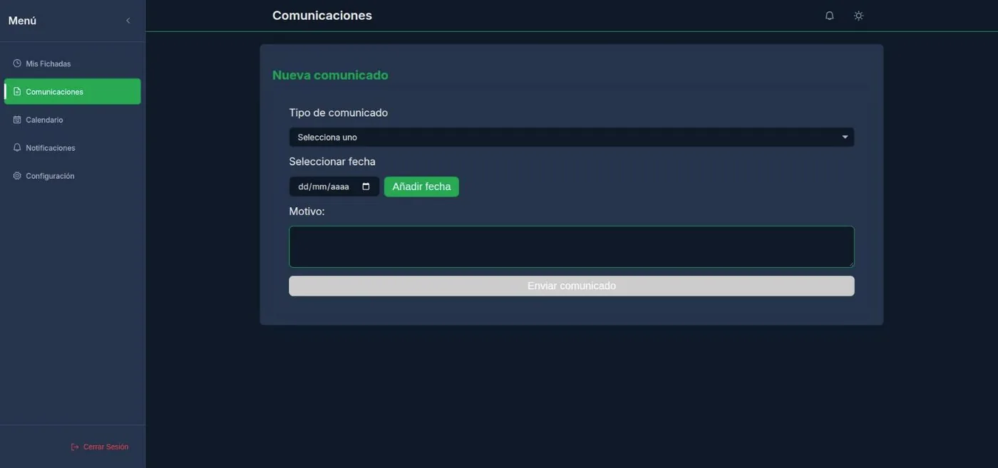 Formulario de nuevo comunicado de vacaciones o ausencia en Time Monitor