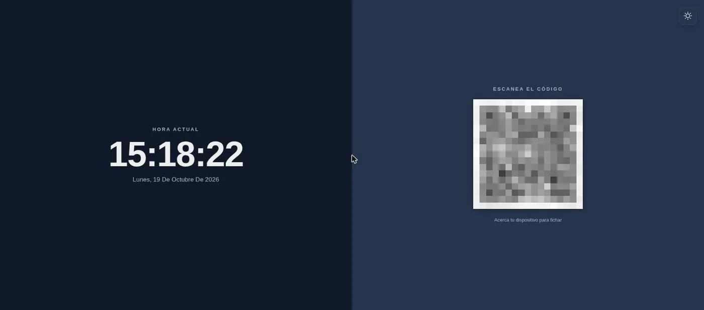 Pantalla de fichaje por QR para el centro de trabajo de Time Monitor